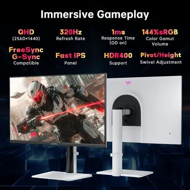 Alt view image 2 of 5 - KTC 27 Inch White Gaming Monitor 300Hz/320Hz, QHD 1440P Fast IPS Computer Monitor with Adaptive FreeSync, HDR400, Height/Pivot/Swivel/Tilt Adjustable, DP&HDMI, H27E6