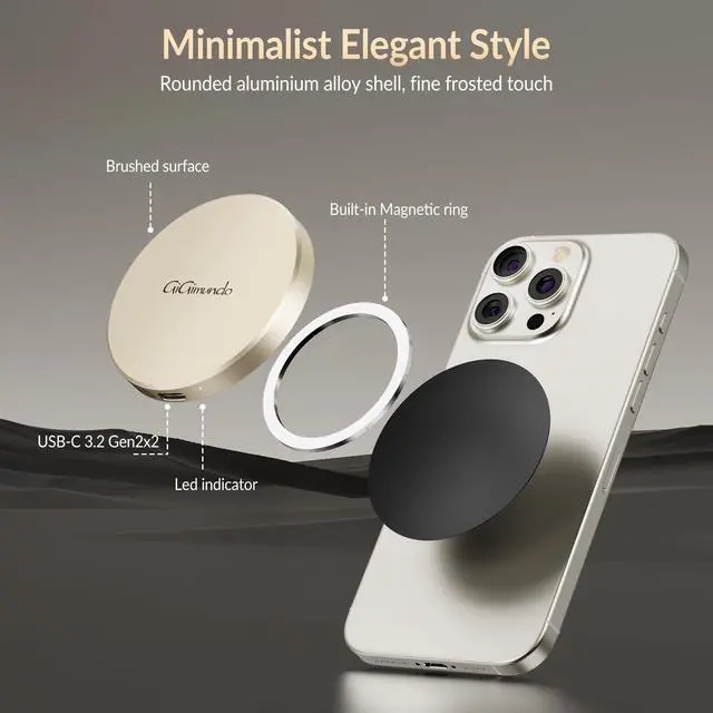 Alt view image 4 of 5 - GiGimundo GQ20 Ultra-Slim Magnetic Portable SSD 512GB - Max 20Gbps High-Speed, Compact Stylish USB-C External Drive for Windows, Mac, Android - Round Design, Fast File Transfer