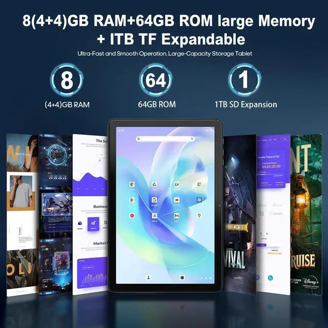 Alt view image 3 of 5 - AISLPC 10.1 Inch New Slim Android Tablet, Android 13 Tablets 8GB RAM 128GB ROM 512GB Expand WiFi Tablets PC, 1280 * 800 HD Screen, 5+13MP Dual Camera, Bluetooth5.0, 6800mAh Battery,Sky Blue