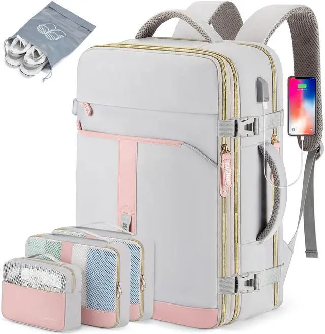 Main image of 42L Travel Laptop Backpack, Expandable Carry-on Luggage, Anti-Theft Business Weekender Bag with USB Port, 3 Packing Cubes & Shoe Bag (Grey)