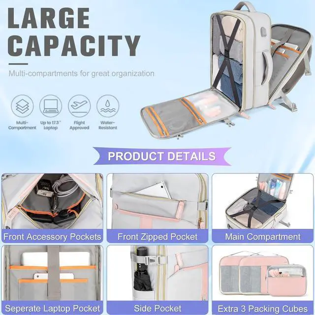 Alt view image 3 of 5 - 42L Travel Laptop Backpack, Expandable Carry-on Luggage, Anti-Theft Business Weekender Bag with USB Port, 3 Packing Cubes & Shoe Bag (Grey)