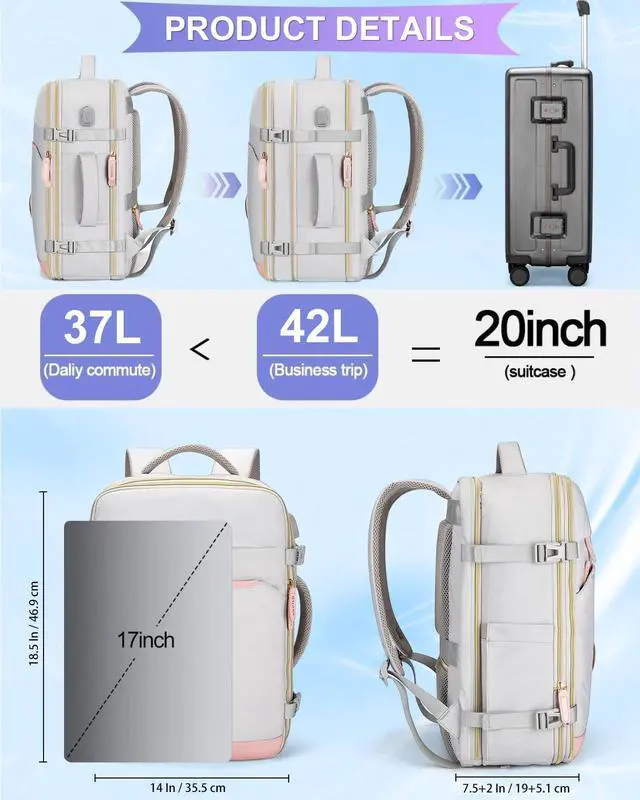 Alt view image 5 of 5 - 42L Travel Laptop Backpack, Expandable Carry-on Luggage, Anti-Theft Business Weekender Bag with USB Port, 3 Packing Cubes & Shoe Bag (Grey)