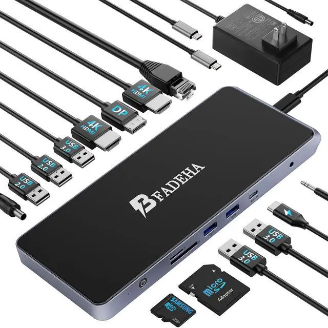 Main image of USB C Universal Docking Station for 3 Monitors, Power Adapter Attached - 14 in 1 Hub with HDMI*2, DisplayPort 4K60Hz, 10Gbps USB C/A, 1Gbps Ethernet, SD/TF, Audio&Mic, for MacBook/Dell/HP.etc