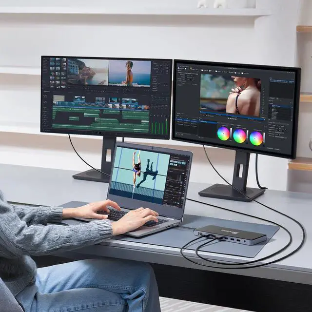 Alt view image 3 of 5 - USB C Universal Docking Station for 3 Monitors, Power Adapter Attached - 14 in 1 Hub with HDMI*2, DisplayPort 4K60Hz, 10Gbps USB C/A, 1Gbps Ethernet, SD/TF, Audio&Mic, for MacBook/Dell/HP.etc