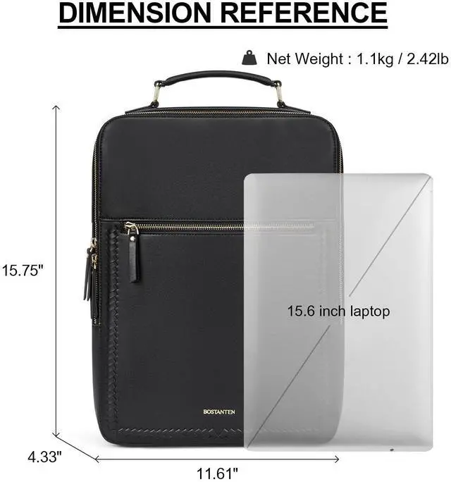 Alt view image 3 of 5 - BOSTANTEN Leather Backpack 15.6 inch Laptop Bag Travel Casual Computer Backpack College Business Work Shoulder Bags with Trolley Sleeve for Women Men Black