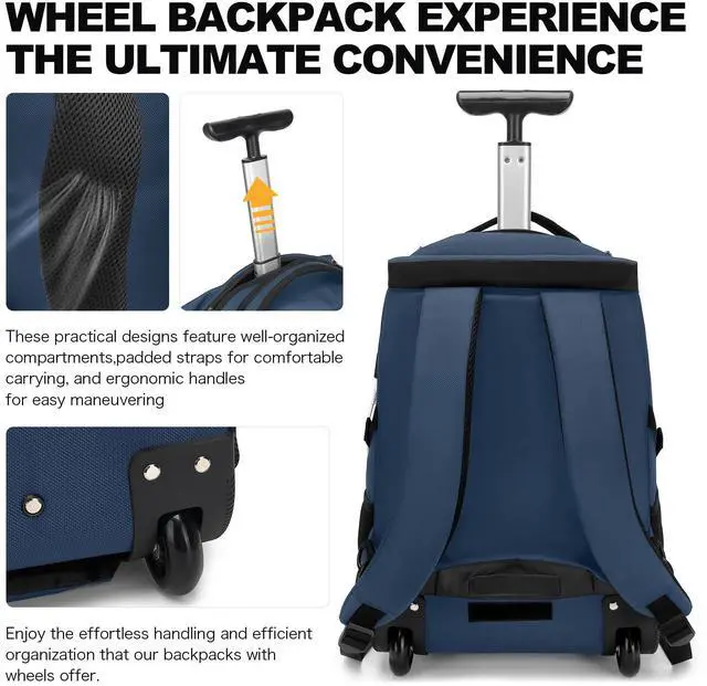 Alt view image 3 of 5 - Boavan Rolling Backpack,17 inch Water Resistant Wheeled Backpack,Carry on Luggage Business Bag, Overnight College Computer Backpack Trolley Suitcase for Men Women Adults to Travel,Black