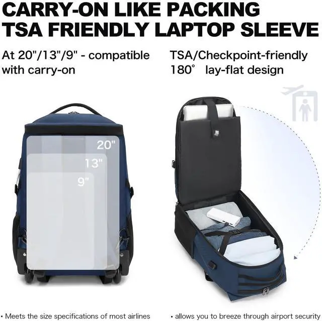 Alt view image 4 of 5 - Boavan Rolling Backpack,17 inch Water Resistant Wheeled Backpack,Carry on Luggage Business Bag, Overnight College Computer Backpack Trolley Suitcase for Men Women Adults to Travel,Black