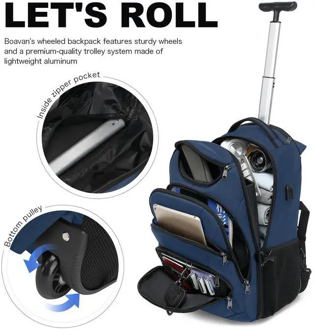 Alt view image 5 of 5 - Boavan Rolling Backpack,17 inch Water Resistant Wheeled Backpack,Carry on Luggage Business Bag, Overnight College Computer Backpack Trolley Suitcase for Men Women Adults to Travel,Black