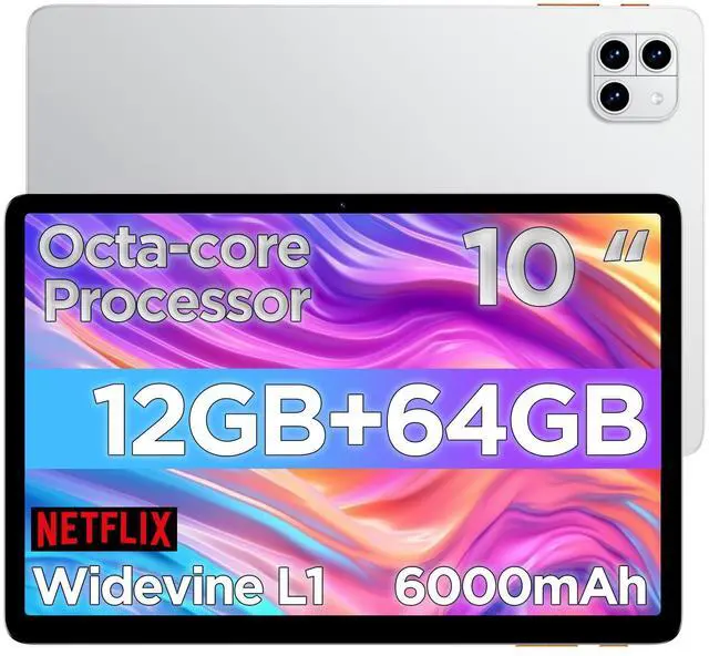 Main image of Android Tablet, 10.1 inch Android 14 Tablet, Octa-core CPU, RAM 12GB, ROM 64GB (Up to 2 TB), 800 x 1280 Resolution, WiFi 6 & Bluetooth 5.4, Dual Cameras, Dual Speakers, 6000mAh Battery, White