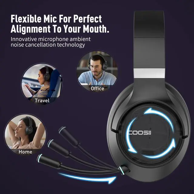 Alt view image 5 of 5 - COOSII Wireless Bluetooth Headsets with Microphone for Computer, Headphone Foldable Over Ear Soft 40H with Retractable Mic, USB Dongle for PS5 PS4 PC Cellphone Laptop