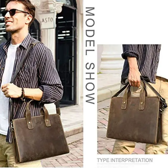 Alt view image 2 of 5 - Contacts Leather Briefcase for Men 14 Inch Laptop Bag, Crazy Horse Leather Messenger Bag Brown Business Bag Satchel Shoulder Handbag