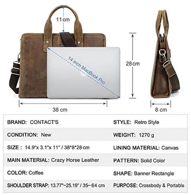 Alt view image 3 of 5 - Contacts Leather Briefcase for Men 14 Inch Laptop Bag, Crazy Horse Leather Messenger Bag Brown Business Bag Satchel Shoulder Handbag