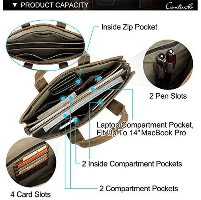 Alt view image 4 of 5 - Contacts Leather Briefcase for Men 14 Inch Laptop Bag, Crazy Horse Leather Messenger Bag Brown Business Bag Satchel Shoulder Handbag