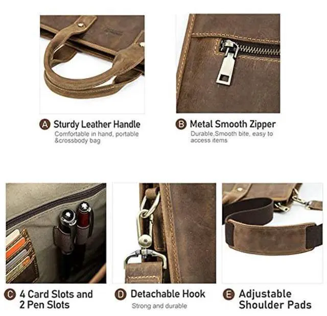 Alt view image 5 of 5 - Contacts Leather Briefcase for Men 14 Inch Laptop Bag, Crazy Horse Leather Messenger Bag Brown Business Bag Satchel Shoulder Handbag