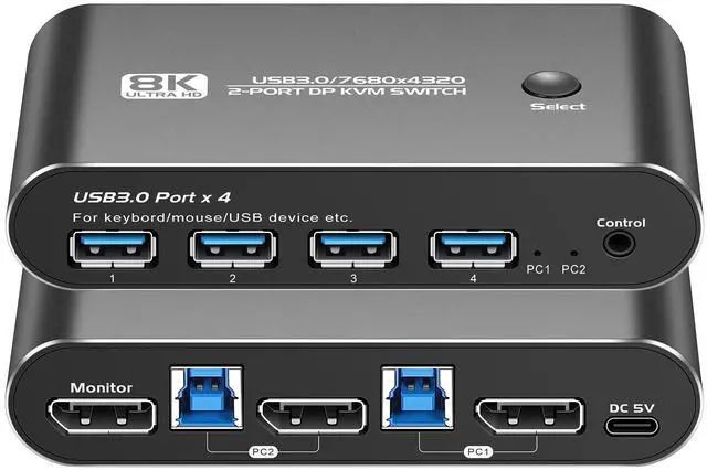 Main image of 8K DP KVM Switch 1 Monitors 2 Computers, DP 1.4 Support 8K60Hz 4K144Hz 2K175Hz,2Port Displayport KVM Switch with 4 USB 3.0 Ports,Share Keyboard Mouse Printer,with 2 DP Cables, 2 USB A to B Cables
