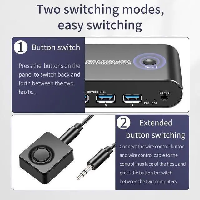 Alt view image 4 of 5 - 8K DP KVM Switch 1 Monitors 2 Computers, DP 1.4 Support 8K60Hz 4K144Hz 2K175Hz,2Port Displayport KVM Switch with 4 USB 3.0 Ports,Share Keyboard Mouse Printer,with 2 DP Cables, 2 USB A to B Cables