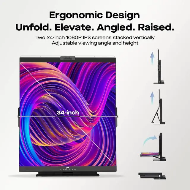 Alt view image 2 of 5 - Geminos Computer Monitors with 2-in-1 USB Cable, Mobile Pixels 1080P Webcam&Speakers, 100W USB-C Charging, All-Inclusive Dual 24" Stacked Vertical Desktop Monitor, HDMI/USB-A/USB-C