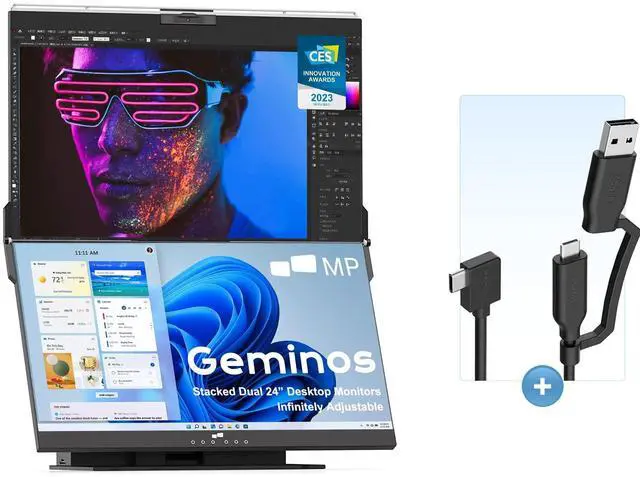 Main image of Geminos Computer Monitors with 2-in-1 USB Cable, Mobile Pixels 1080P Webcam&Speakers, 100W USB-C Charging, All-Inclusive Dual 24" Stacked Vertical Desktop Monitor, HDMI/USB-A/USB-C