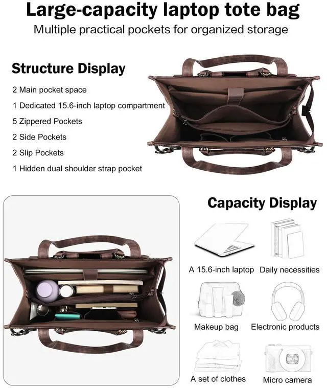 Alt view image 5 of 5 - FADEON Laptop Bag for Women Designer PU Leather Large Tote Bags Packpack Purses with 15.6 Laptop Compartment Travel Shoulder Handbag Coffee