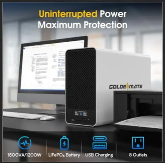 Alt view image 2 of 5 - GOLDENMATE 1500VA/1200W Lithium UPS Battery Backup and Surge Protector, Backup Battery Power Supply with LiFePO4 Batteries(296Wh), AVR, Line Interactive Sinewave UPS System, 8 Outlets, LCD Display