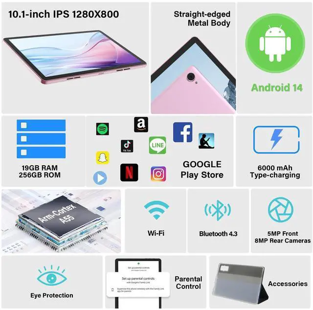 Alt view image 2 of 5 - GOTOWOD Android 14 Tablet 10.1 inch 19GB RAM + 256GB ROM 1TB Expand, 1280x800 IPS HD Touchscreen, 2MP+5MP Dual Camera, 6000mAh Battery Powerful Performance Tablets 2025, GMS, WiFi (Pink)