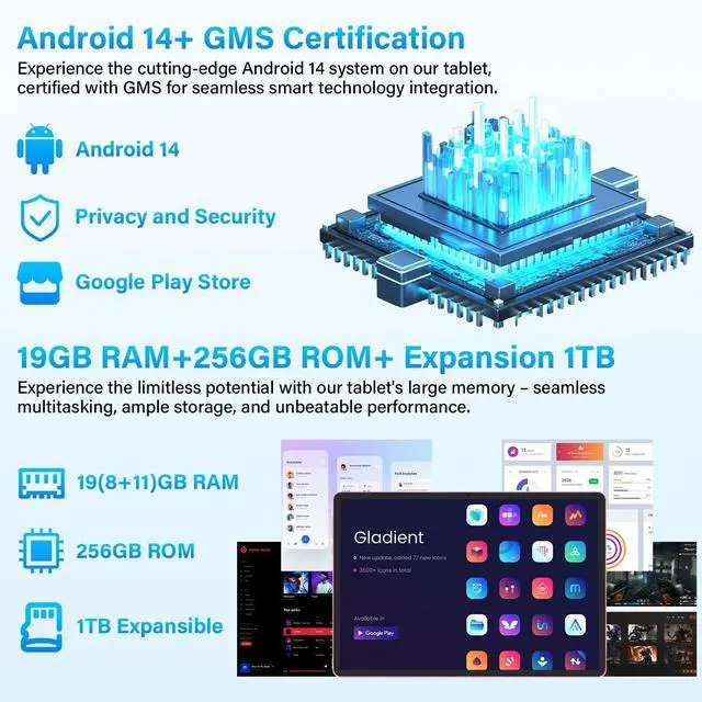 Alt view image 3 of 5 - GOTOWOD Android 14 Tablet 10.1 inch 19GB RAM + 256GB ROM 1TB Expand, 1280x800 IPS HD Touchscreen, 2MP+5MP Dual Camera, 6000mAh Battery Powerful Performance Tablets 2025, GMS, WiFi (Pink)