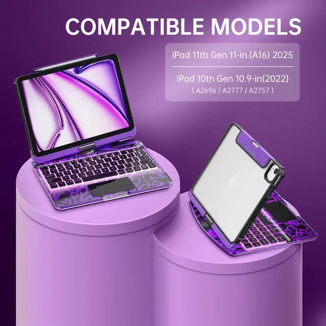 Alt view image 2 of 5 - GUSGU Transparent Case with Wireless Keyboard for iPad 11th Gen 11-in.(A16, 2025), 2022 iPad 10th Gen 10.9-in, 7 Colors Backlight, Trackpad, 360degRotating Stand, Tech Style
