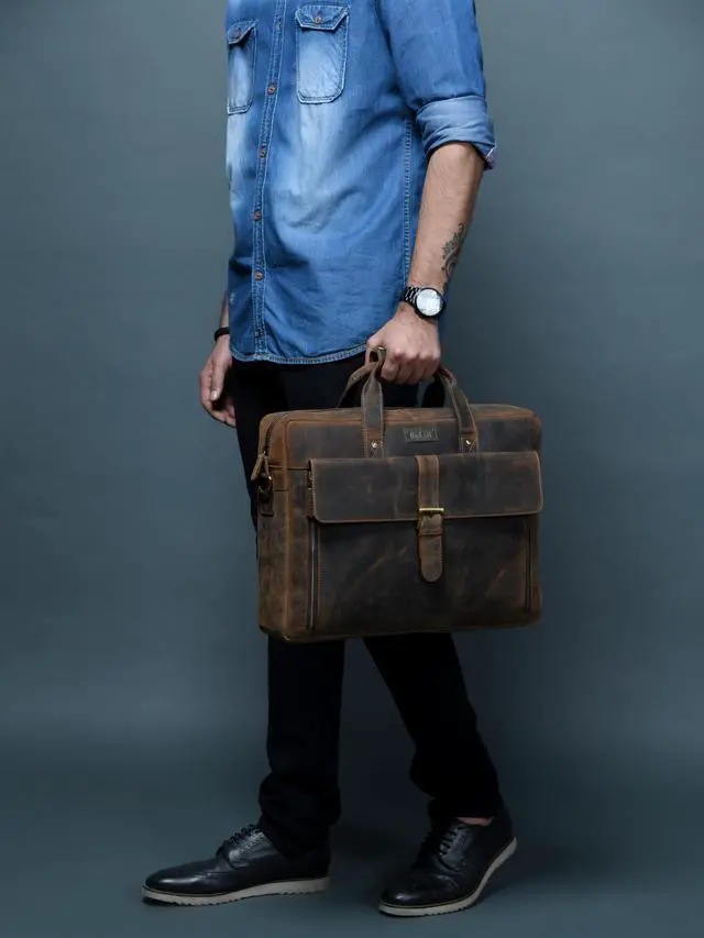 Alt view image 3 of 5 - HULSH Genuine Leather briefcases for men 17 inches computer bag for mens | Laptop bag, Work bag, Satchel for Business and Office (Dark Brown)