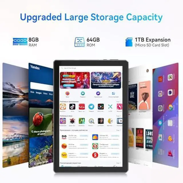 Alt view image 3 of 5 - Jeazans Latest 2024 Android Tablet, 10.1 inch Tablets with 1280 * 800 IPS HD Touchscreen, Octa-Core Processor, 8GB RAM 64GB ROM, 1TB TF Card Expandable, Widevine L1, Face ID, Wi-Fi 6, Fast Charging