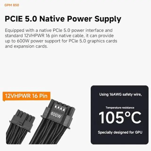 Alt view image 5 of 5 - ICOLER GPM850 Fully Modular Low-Noise Power Supply - ATX 3.1 & PCIe 5.0 Compliant - 105degC-Rated Capacitors - 80 Plus Gold Efficiency PFC+DC to DC