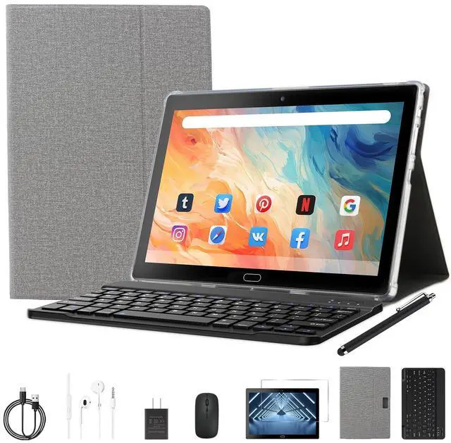 Main image of Tablet 10 inch Android Tablet with 8GB RAM+64GB ROM 512GB Expand, 2 in 1 Tableta Android 12 with Keyboard, Mouse, Stylus, 2.4G/5G WiFi Table PC with Case, Dual Camera, 6000mAh Battery, GPS(Gray)