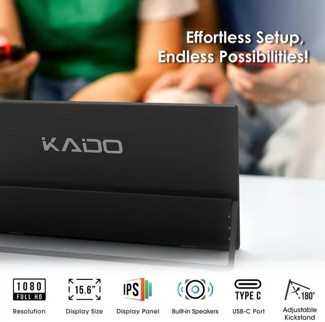 Alt view image 2 of 5 - Kado Portable Monitor 15.6'' FHD 1080p VESA/Clamp Tripod Stand Set, USB-C HDMI Gaming Monitor Ultra-Slim IPS Display Built-in Speakers, External Monitor for Laptop PC Phone Mac Xbox PS4/PS5 Switch