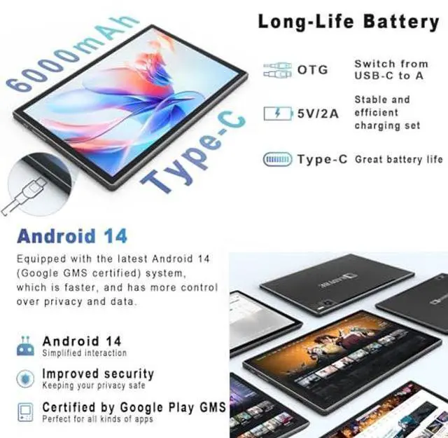Alt view image 4 of 5 - 2024 Latest WiFi 6 Android 14 Tablet 10 inch, 8+64GB ROM (1TB TF Support), Octa-Core| Google GMS Certification| 5+13 MP| 1.8GHz| 6000 mAh| Tablet with Keyboard Mouse Pen, Support Bluetooth 5.0