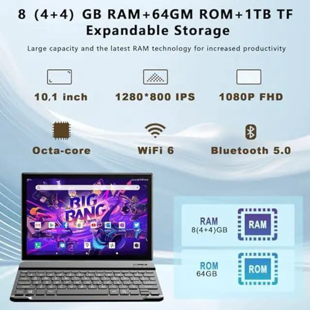 Alt view image 5 of 5 - 2024 Latest WiFi 6 Android 14 Tablet 10 inch, 8+64GB ROM (1TB TF Support), Octa-Core| Google GMS Certification| 5+13 MP| 1.8GHz| 6000 mAh| Tablet with Keyboard Mouse Pen, Support Bluetooth 5.0