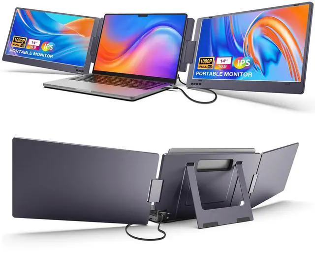 Main image of KYY 14" Portable Triple Monitor - Laptop Screen Extender with Full HD IPS Display, Compatible with Mac, Windows, Chrome, Fits 12-16 Inch Laptops