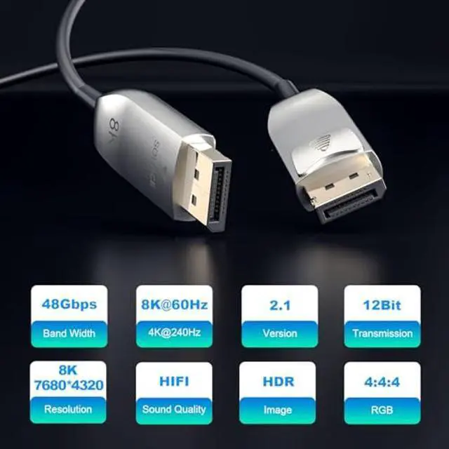 Alt view image 2 of 5 - LAN-SAINTKAY Fiber Optic DisplayPort Cable 2.1 66ft/20m with Lock, 8K@60Hz 4K@240Hz 54Gbps High Speed Long Active Optic DP Cable 2.1, DP to DP Male for Personal Computer Connection
