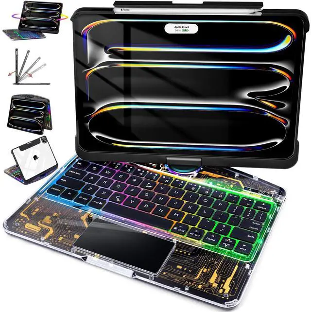 Main image of Lecsas Keyboard Case for iPad Pro 13-inch (M4, 2024), Transparent Cyberpunk Shell, 360deg Rotating Multi-Touch Trackpad, 7-Color Backlit Keyboard, Pencil Holder, Type-C Charging, Tech Circuit X