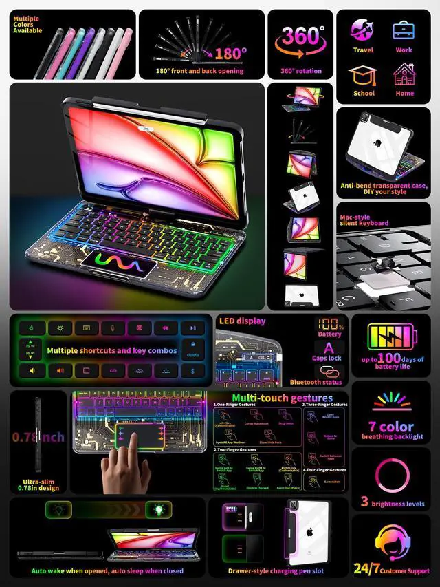 Alt view image 3 of 5 - Lecsas Keyboard Case for iPad Pro 13-inch (M4, 2024), Transparent Cyberpunk Shell, 360deg Rotating Multi-Touch Trackpad, 7-Color Backlit Keyboard, Pencil Holder, Type-C Charging, Tech Circuit X