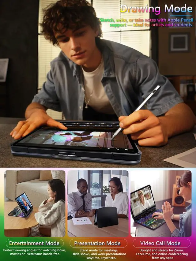 Alt view image 5 of 5 - Lecsas Keyboard Case for iPad Pro 13-inch (M4, 2024), Transparent Cyberpunk Shell, 360deg Rotating Multi-Touch Trackpad, 7-Color Backlit Keyboard, Pencil Holder, Type-C Charging, Tech Circuit X