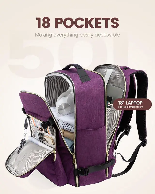 Alt view image 3 of 5 - LOVEVOOK Carry on Backpack, 50L Travel Backpack Women for Airplanes, 18inch Laptop Backpack with Toiletry Bag Carry on Bags for Airplanes Daypack for Weekender Overnight Hiking, Dark purple-Black-1