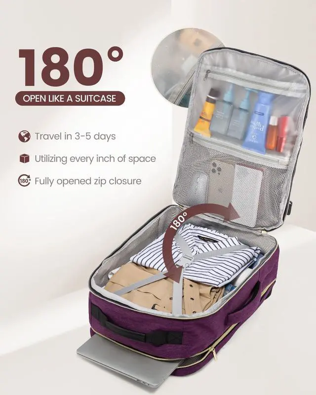 Alt view image 2 of 5 - LOVEVOOK Carry on Backpack, 50L Travel Backpack Women for Airplanes, 18inch Laptop Backpack with Toiletry Bag Carry on Bags for Airplanes Daypack for Weekender Overnight Hiking, Dark purple-Black-1