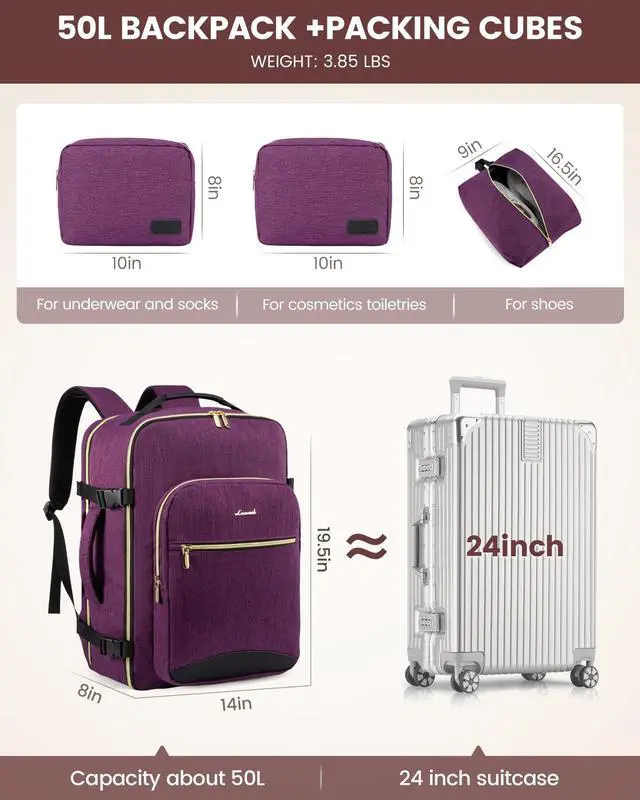 Alt view image 5 of 5 - LOVEVOOK Carry on Backpack, 50L Travel Backpack Women for Airplanes, 18inch Laptop Backpack with Toiletry Bag Carry on Bags for Airplanes Daypack for Weekender Overnight Hiking, Dark purple-Black-1