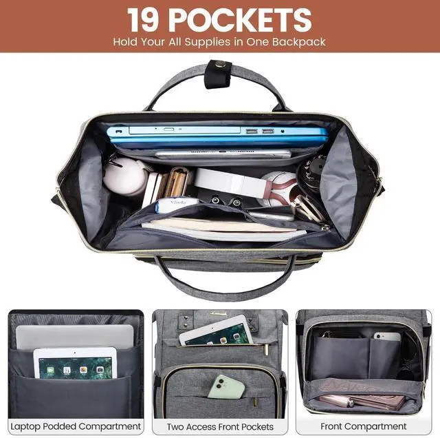 Alt view image 2 of 5 - LOVEVOOK Laptop Backpack for Women,18 Inch Professional Womens Travel Backpack Purse Computer Laptop Bag Nurse Teacher Backpack,Waterproof College Work Bags Carry on Back Pack with USB Port,Grey