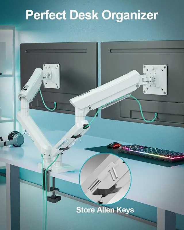 Alt view image 3 of 5 - Dual Monitor Mount for 2 Monitors up to 32 inches, Height Adjustable Gas Spring Double Monitor Stand, Two Monitor Desk Mount Holder, Each Monitor Arm Holds Max 22lbs, VESA Mount, White, Freelift Pro