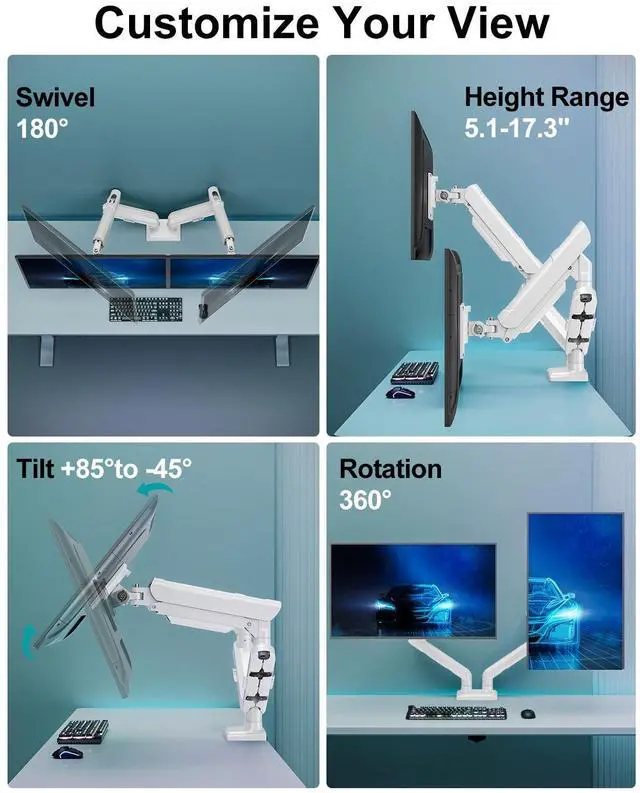 Alt view image 5 of 5 - Dual Monitor Mount for 2 Monitors up to 32 inches, Height Adjustable Gas Spring Double Monitor Stand, Two Monitor Desk Mount Holder, Each Monitor Arm Holds Max 22lbs, VESA Mount, White, Freelift Pro