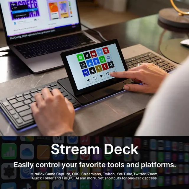 Alt view image 3 of 5 - Touchscreen Keyboard with Stream Deck, Split Ergonomic Keyboard+8" Mini Screen Monitor, bluetooth, Macro keys trigger actions in apps and software like OBS, Twitch, YouTube and more, works with Mac/PC
