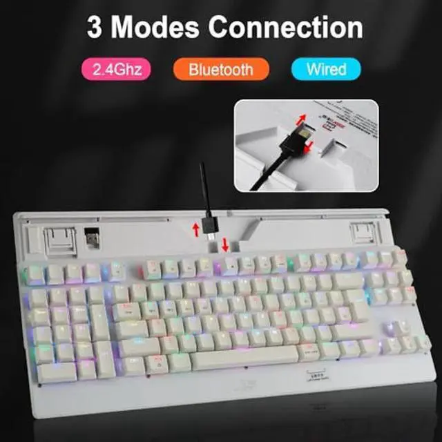 Alt view image 2 of 5 - Neepoolock ZY-2216 Left Handed Gaming Keyboard, BT/2.4Ghz/USB-C Wired Mechanical Keyboard Red Switch for Business Accounting Compatible for Windows/Mac White