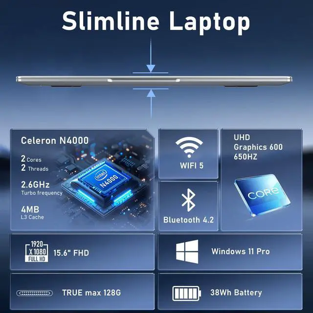 Alt view image 2 of 5 - 15.6 inch Laptop, Laptop Computer with N4000 Processor with 8GB RAM 512GB SSD, FHD Display 1920*1080P, WIFI5 BT4.2 HDMI Windows 11 Laptop, Thin and Light Laptop, Office Laptop, Study Laptop