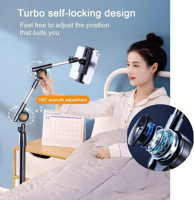 Alt view image 5 of 5 - Niumowa Tablet Floor Stand Holder, 360 Degree Rotating with Height Adjustable Stand Compatible with 4.7"-13" Phone/Tablet, Kindle, 63" Phone Stand, Aluminum Alloy, for Bed,Sofa,Desk(White)