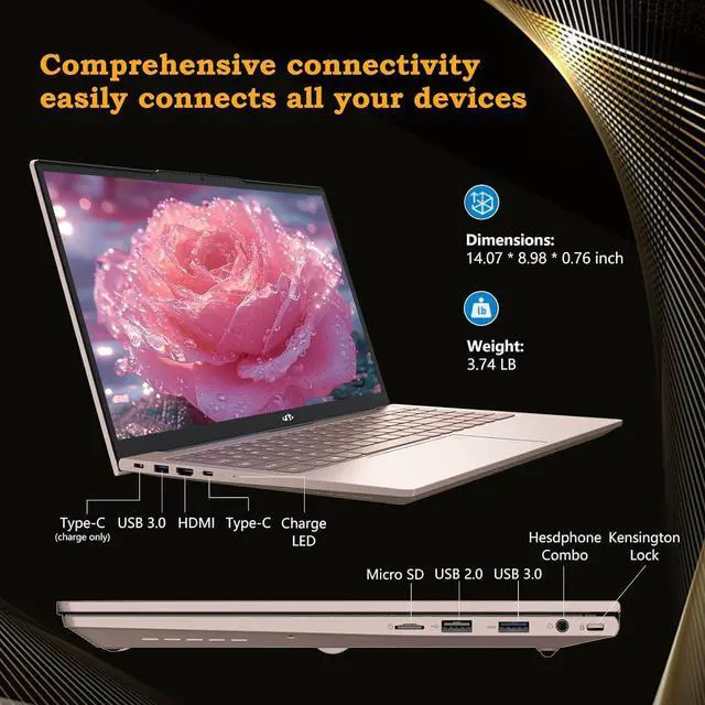 Alt view image 5 of 5 - NIMO 15.6 FHD Student Laptop, 16GB RAM, 1TB SSD, Intel Pentium Quad-Core N100(Beat to i3-1115G4, Up to 3.4GHz), Type-C 65W, Backlit Keyboard, Fingerprint, WiFi 6, Rose Gold